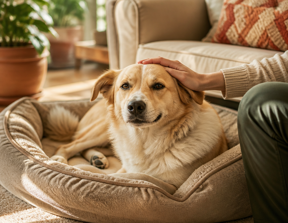 A content dog being kept company at home
